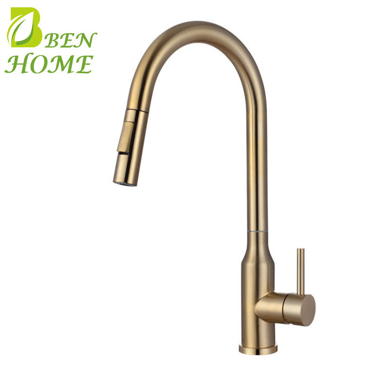 Pull Out Brushed Gold Kitchen Faucet With Side Spray