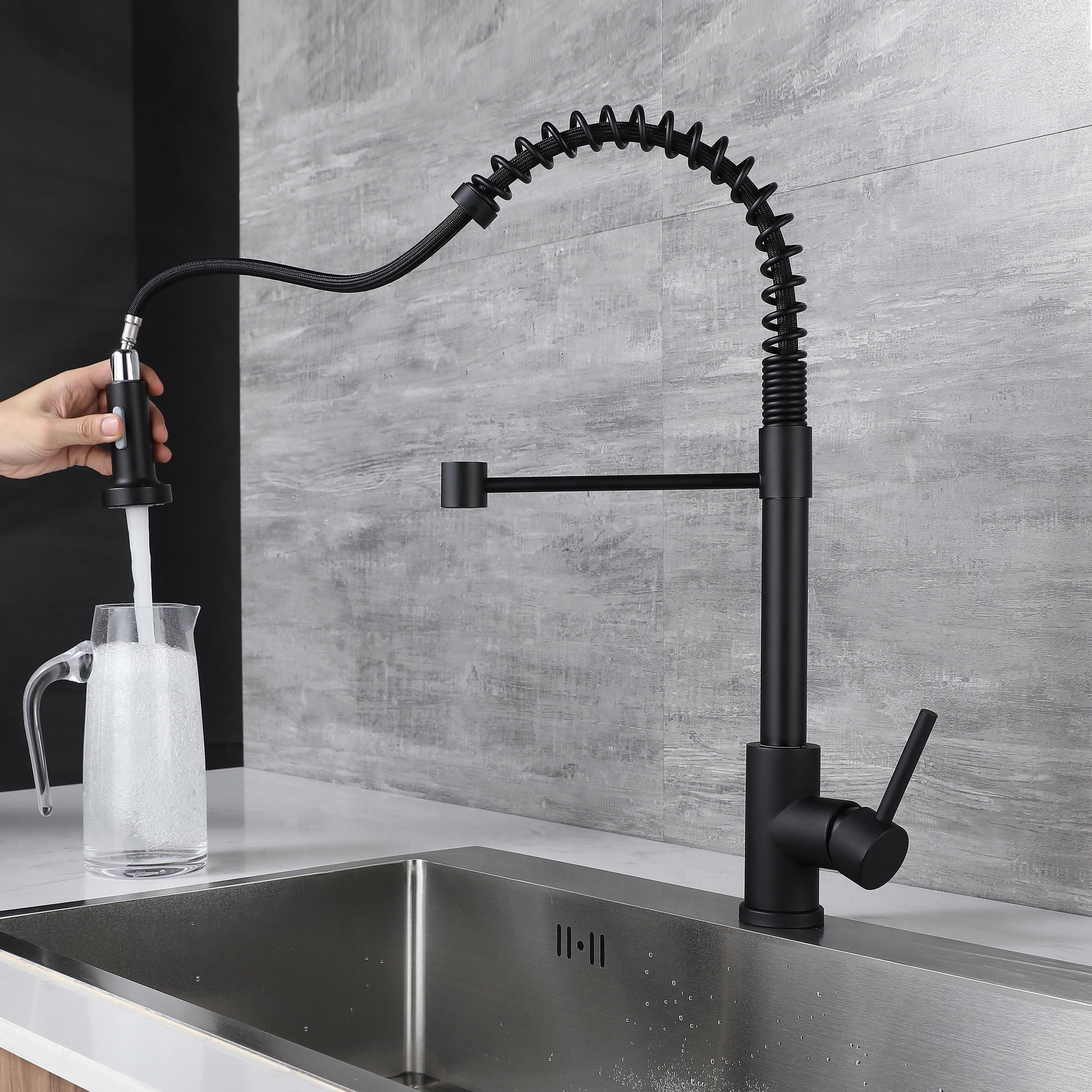 Modern Design Stainless steel 304 Single hole Pull out Spring Kitchen Sink Faucet in Matt Black