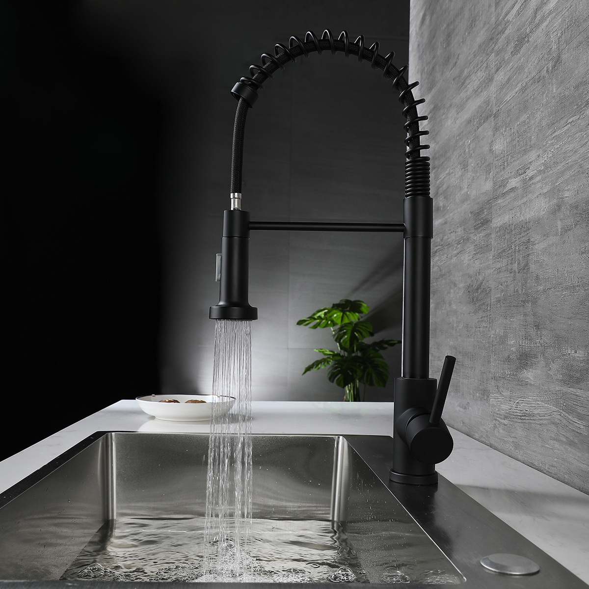 Modern Design Stainless steel 304 Single hole Pull out Spring Kitchen Sink Faucet in Matt Black