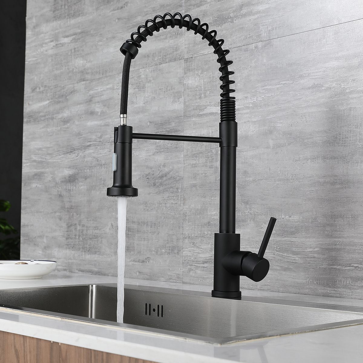 Modern Design Stainless steel 304 Single hole Pull out Spring Kitchen Sink Faucet in Matt Black