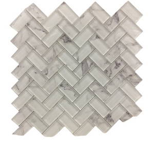 art mosaic tile laminated glass mosaic Italy carrara design white bathroom herringbone decoration scale glass mosaic tile