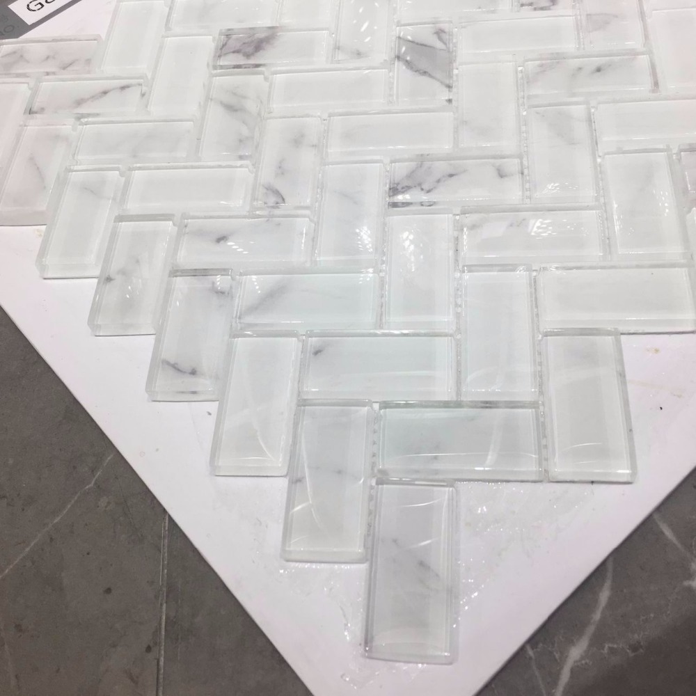 art mosaic tile laminated glass mosaic Italy carrara design white bathroom herringbone decoration scale glass mosaic tile