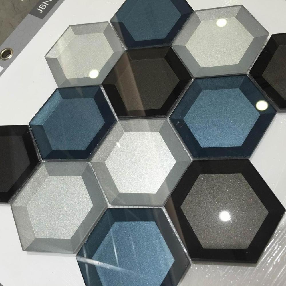 Blue and silver crystal mirror Hexagon Glass Mosaic Tile For Kitchen Wall Backsplash