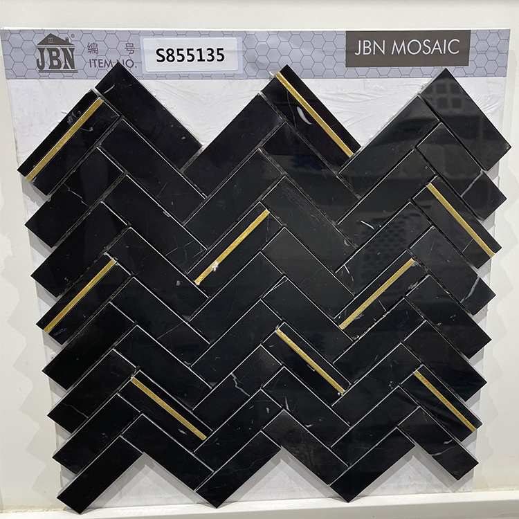 2023 Strip Mosaic Black gold Marble Herringbone Copper wall tile design Stone Mosaic Tile