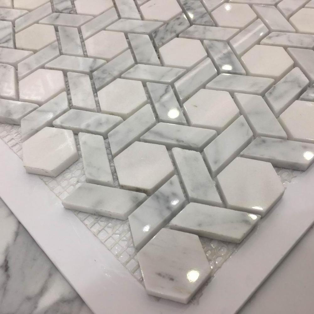 Irregular hexagonal shape carrara white with grey home decor 3d mural backsplash 3d wall panel marble design stone mosaic tile