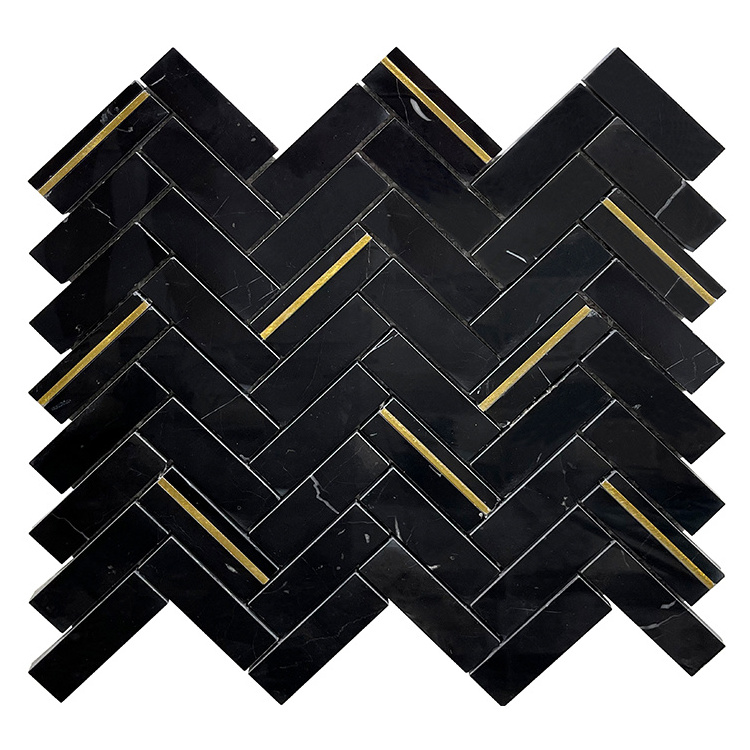 2023 Strip Mosaic Black gold Marble Herringbone Copper wall tile design Stone Mosaic Tile