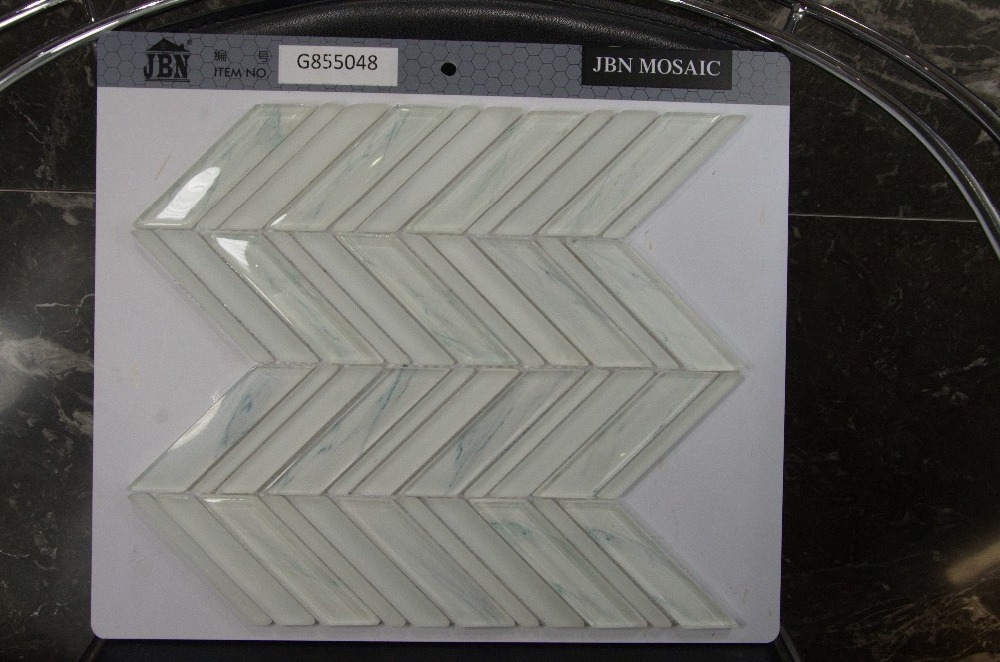 art mosaic tile laminated glass mosaic Italy carrara design white bathroom herringbone decoration scale glass mosaic tile