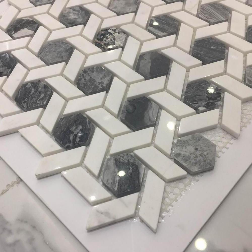 Irregular hexagonal shape carrara white with grey home decor 3d mural backsplash 3d wall panel marble design stone mosaic tile