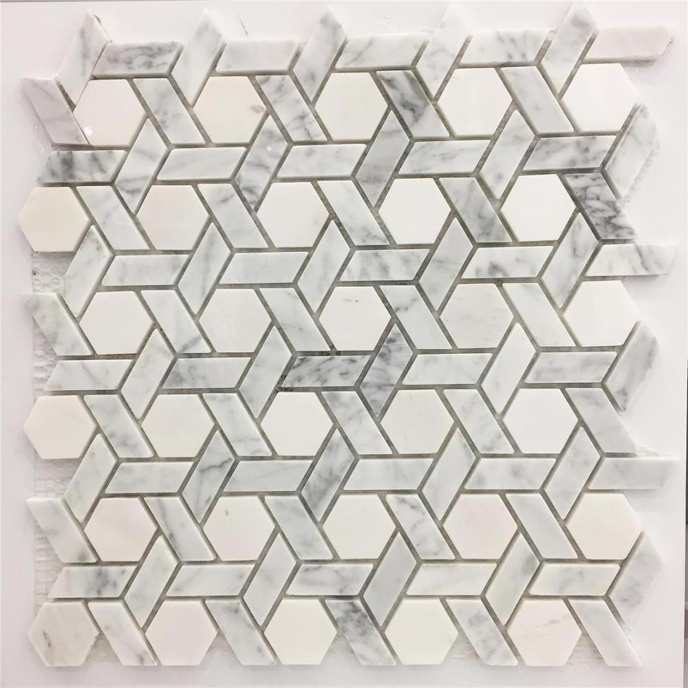 Irregular hexagonal shape carrara white with grey home decor 3d mural backsplash 3d wall panel marble design stone mosaic tile