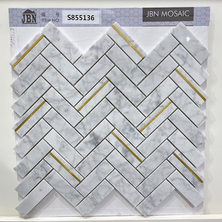 2023 Strip Mosaic Black gold Marble Herringbone Copper wall tile design Stone Mosaic Tile