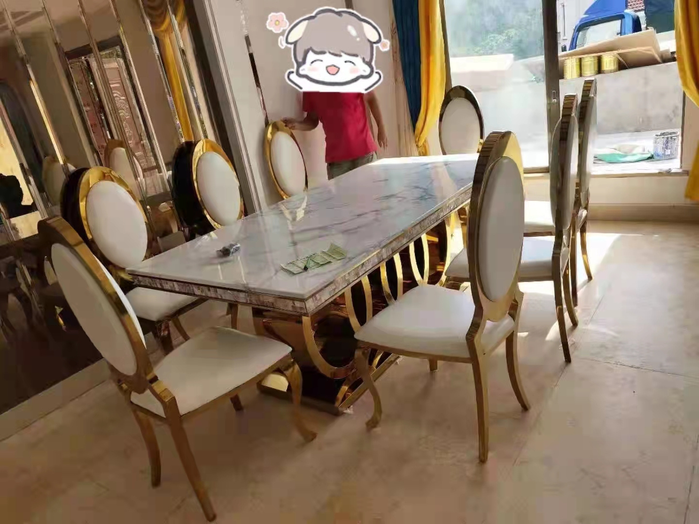 Metal frame and marble dining table stainless steel dining table set Foshan furniture a table 8 chairs