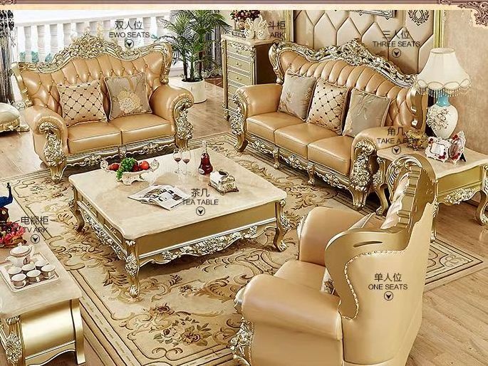 European-style leather living room combination sofa /Luxury royal  solid carved wood frame  leather  living room sofa set