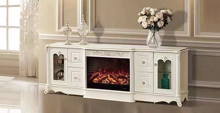 white/golden  electric led flame living room stand tv cabinet with fireplace