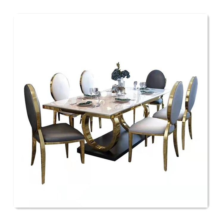 Metal frame and marble dining table stainless steel dining table set Foshan furniture a table 8 chairs