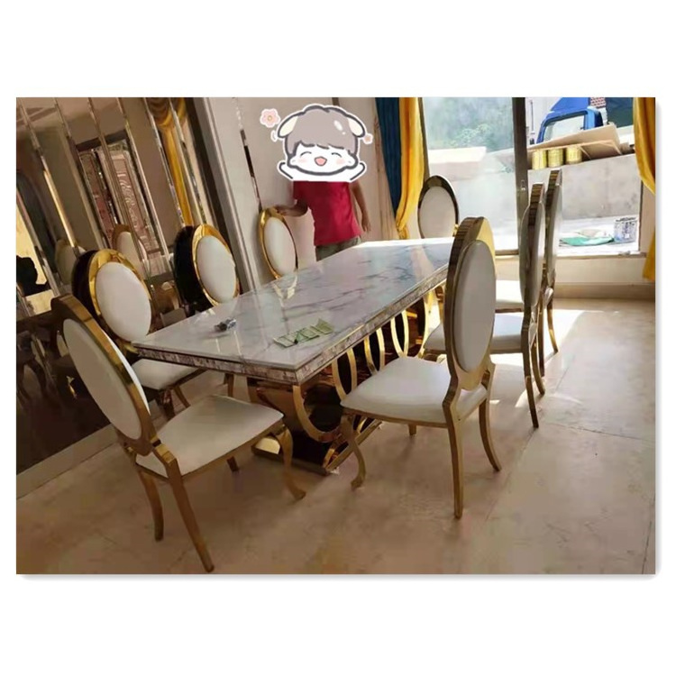 Metal frame and marble dining table stainless steel dining table set Foshan furniture a table 8 chairs