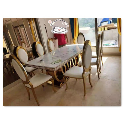 Metal frame and marble dining table stainless steel dining table set Foshan furniture a table 8 chairs