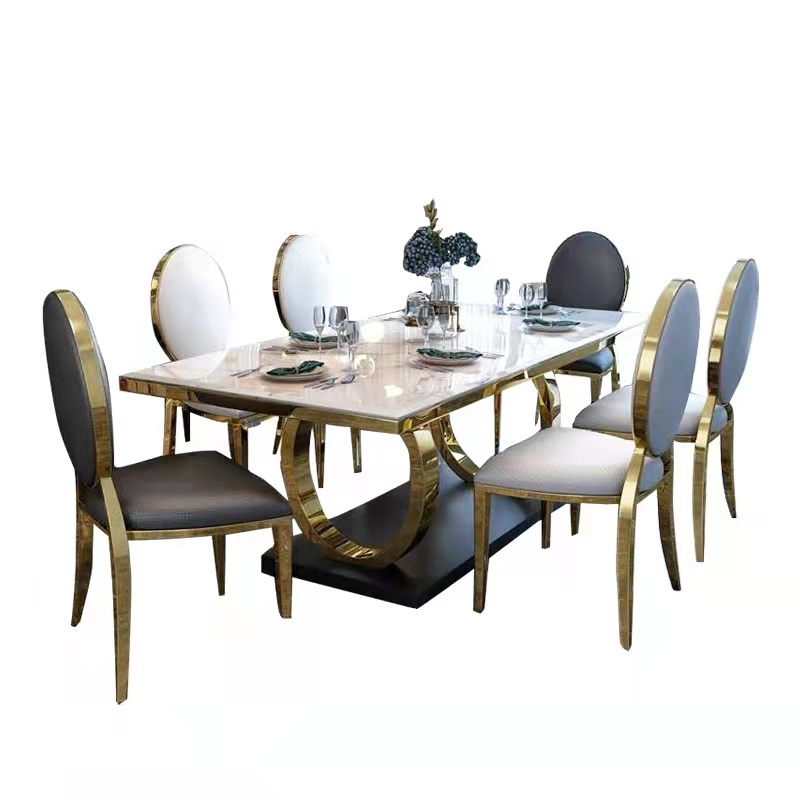 Metal frame and marble dining table stainless steel dining table set Foshan furniture a table 8 chairs