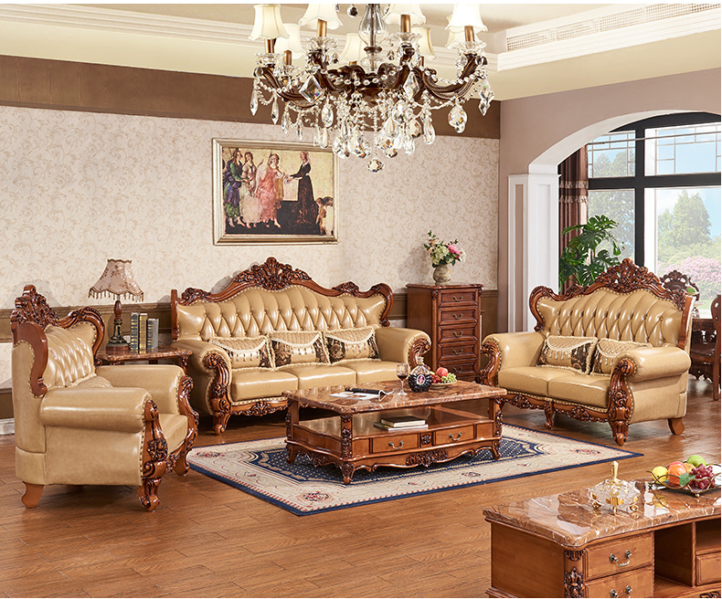 high quality European antique living room sofa genuine leather home furniture sofa set