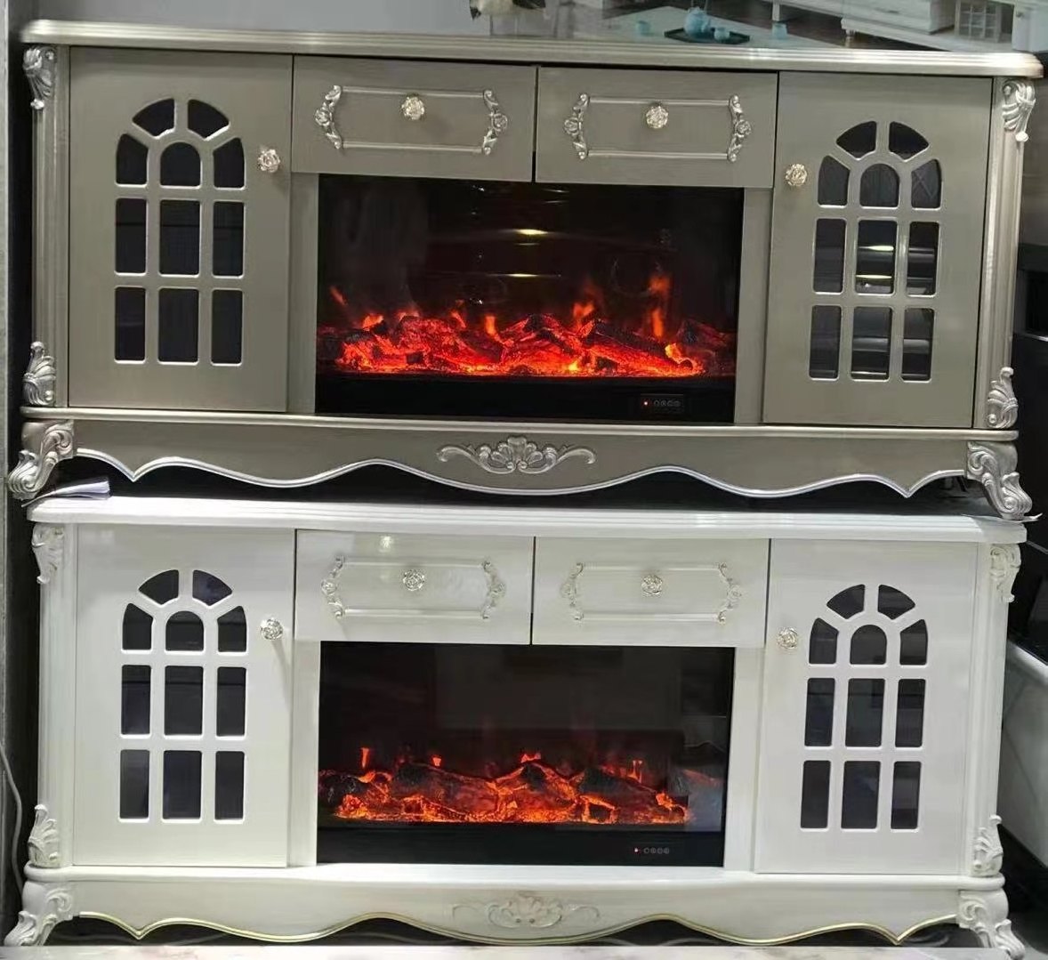 white/golden  electric led flame living room stand tv cabinet with fireplace