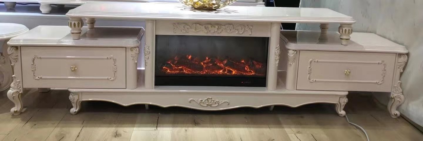 white/golden  electric led flame living room stand tv cabinet with fireplace