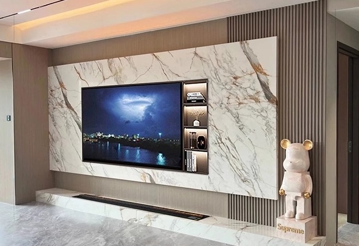 2024 luxury  tv stand modern grille stone grain background customize tv wall panel and cabinets