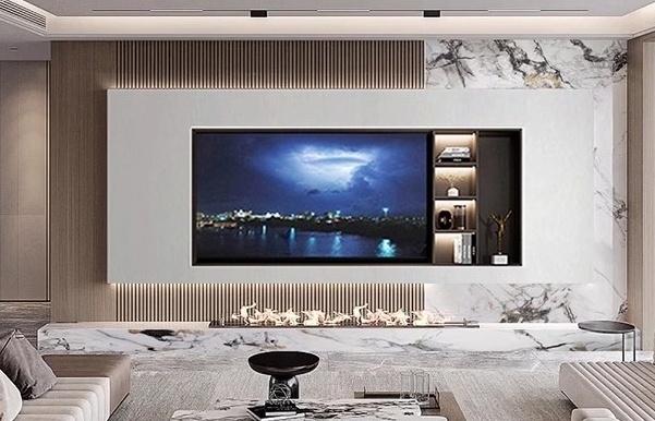 2024 luxury  tv stand modern grille stone grain background customize tv wall panel and cabinets