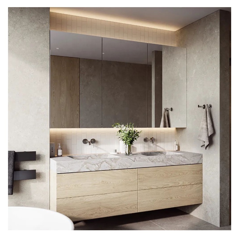 Modern Wall Mounted Single Basin Plywood Wood Bathroom Vanity With Smart Mirror