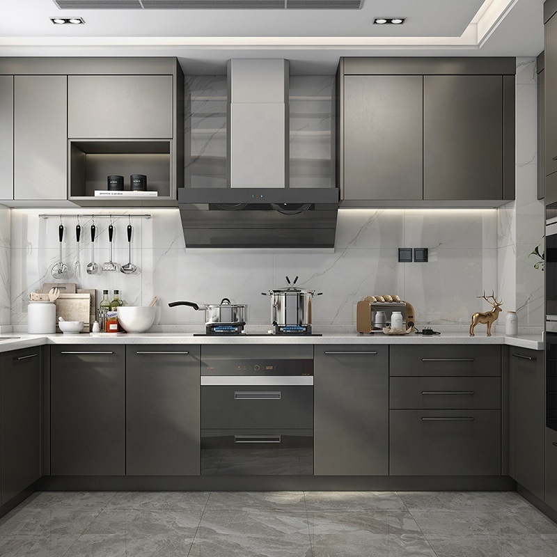 China Direct Factory Overall Cabinetry Design Melamine Faced Chipboard Grey Kitchen Cabinets