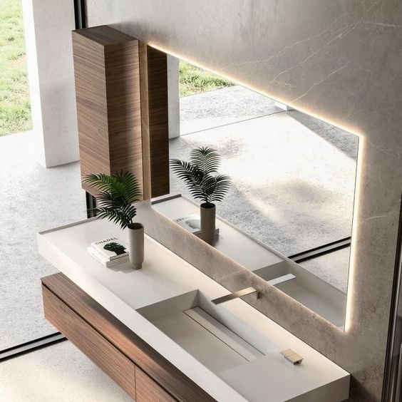 Modern Wall Mounted Single Basin Plywood Wood Bathroom Vanity With Smart Mirror