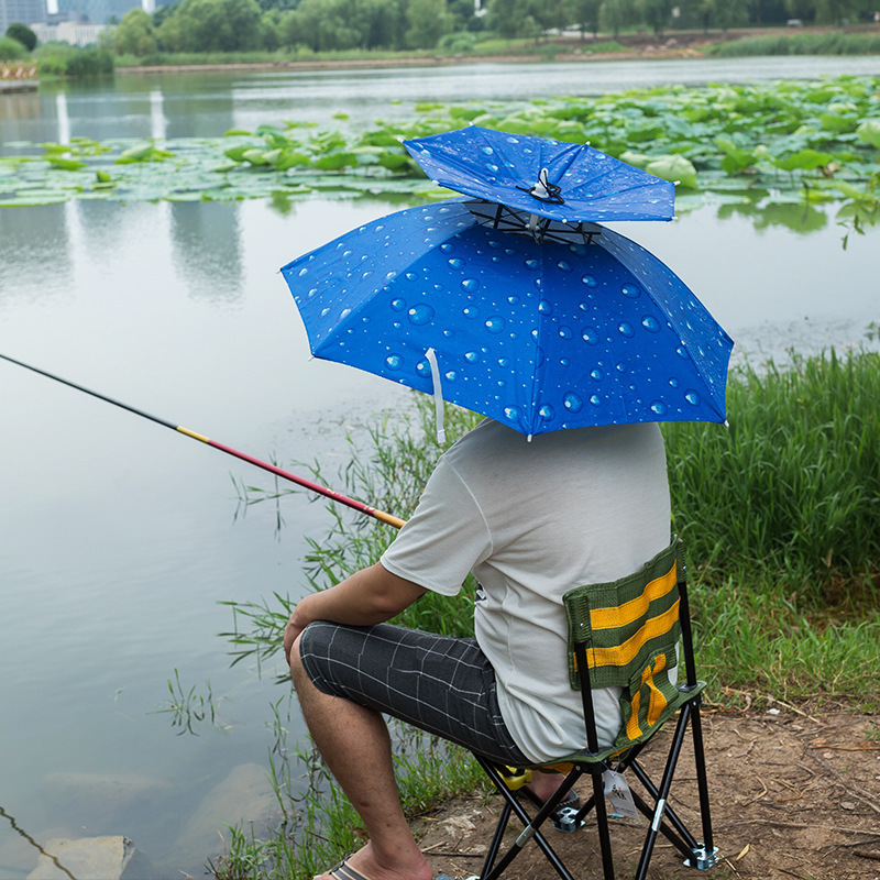 Bilayer Outdoor Hands Free Sun Umbrella Hat Folding Adjustable Sun Rain Cap Anti-UV Waterproof Headwear for Fishing Gardening