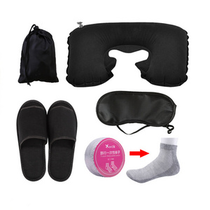 Customized hot sale travel inflatable neck pillow sleep eye mask slipper socks 4 pieces travel set kit for airline