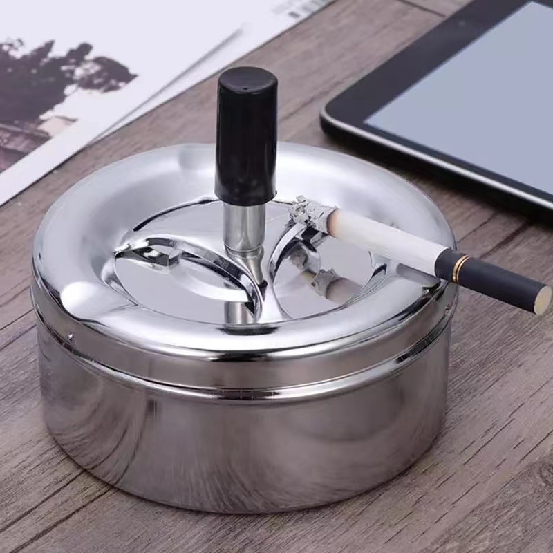 Amazon round push down rotating windproof stainless steel Ashtray with spinning lid