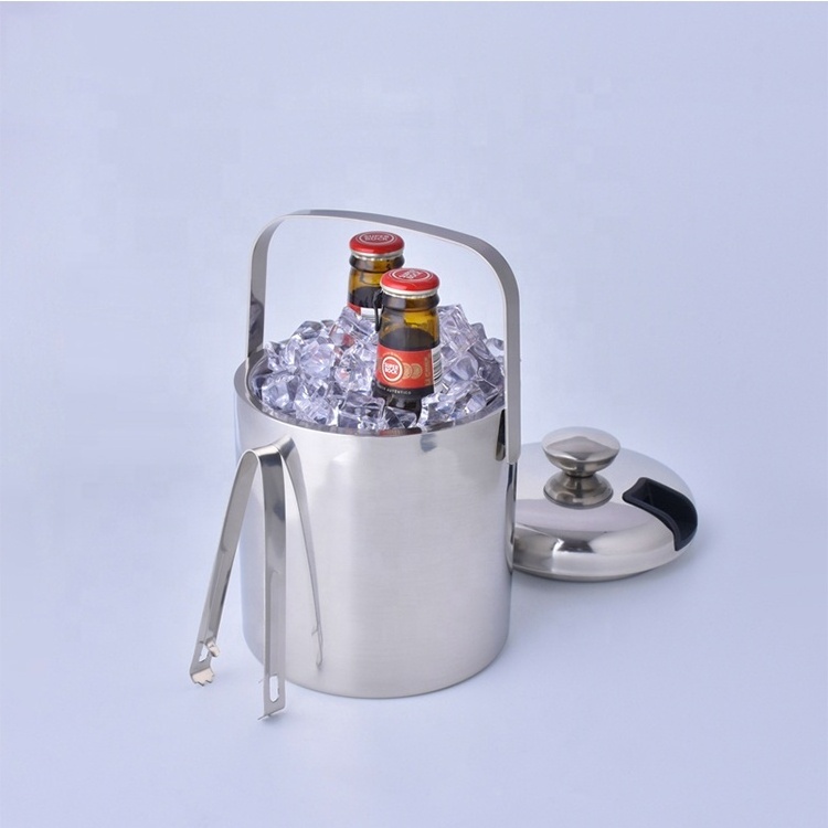 Hot sale LFGB good quality double wall 304 stainless steel ice bucket with tong lid and silicone ice cube mold tray