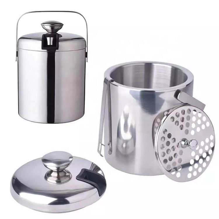 Hot sale LFGB good quality double wall 304 stainless steel ice bucket with tong lid and silicone ice cube mold tray