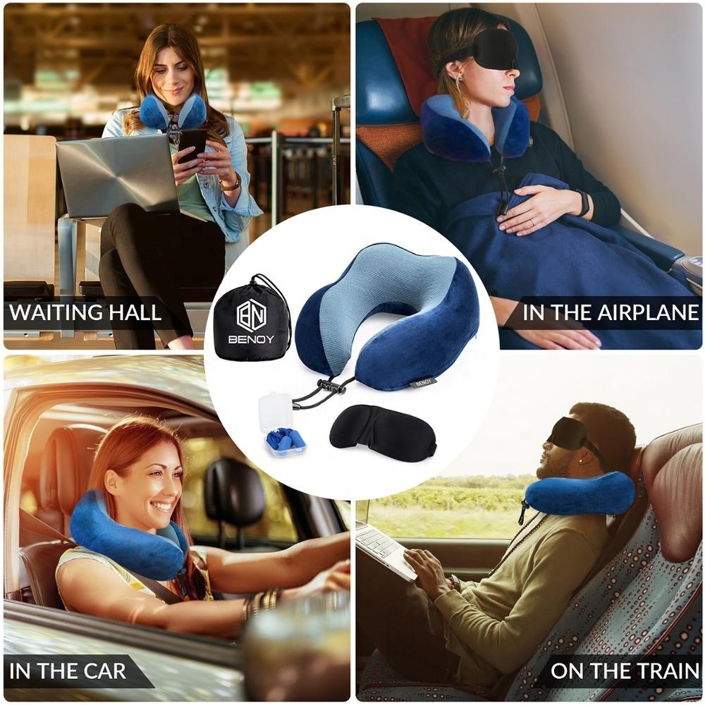 Hot sale new popular memory foam airplane travel neck head chin Support pillow set with footrest hammock for airline in stock