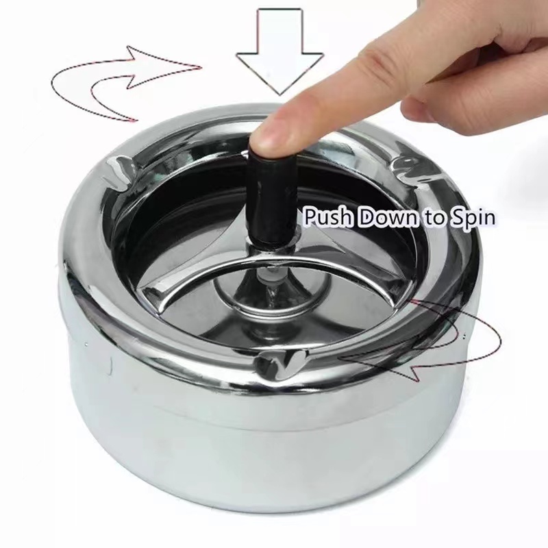 Amazon round push down rotating windproof stainless steel Ashtray with spinning lid