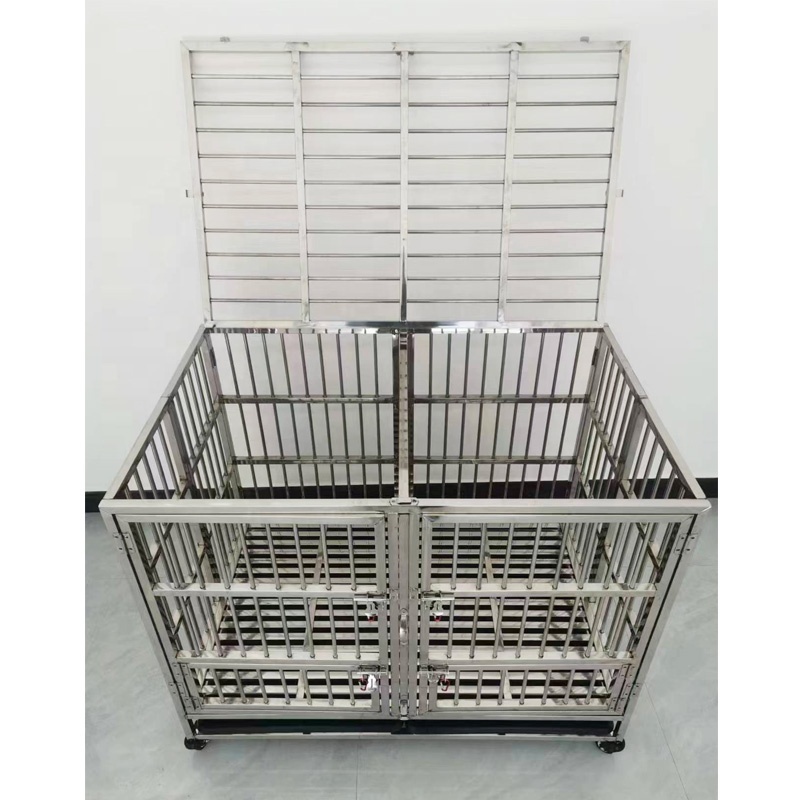 43 inch Stainless steel dog kennel foldable double door dog kennel with feeding doors and plastic mats