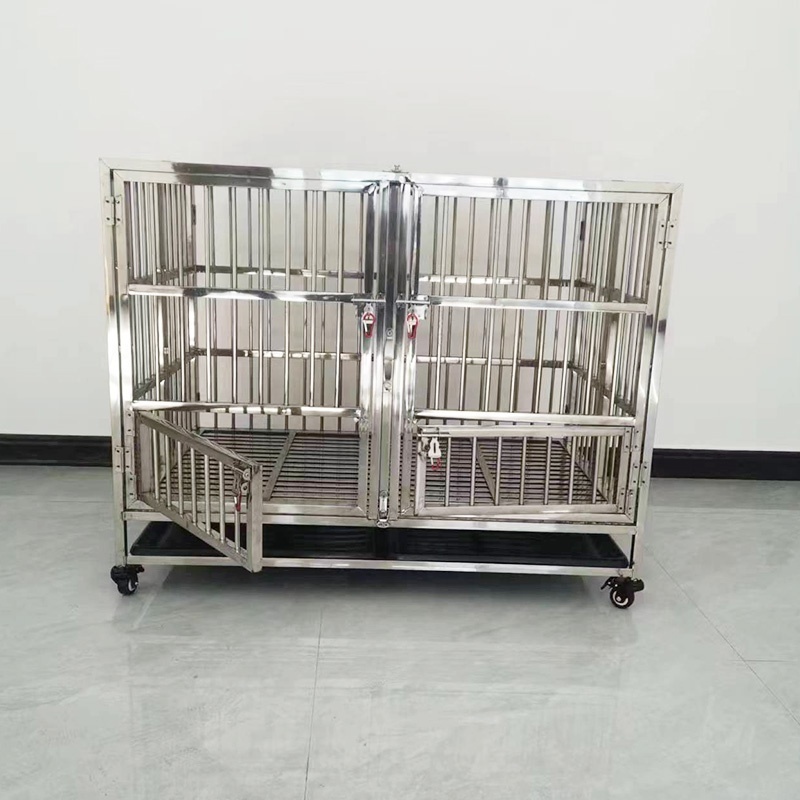 43 inch Stainless steel dog kennel foldable double door dog kennel with feeding doors and plastic mats