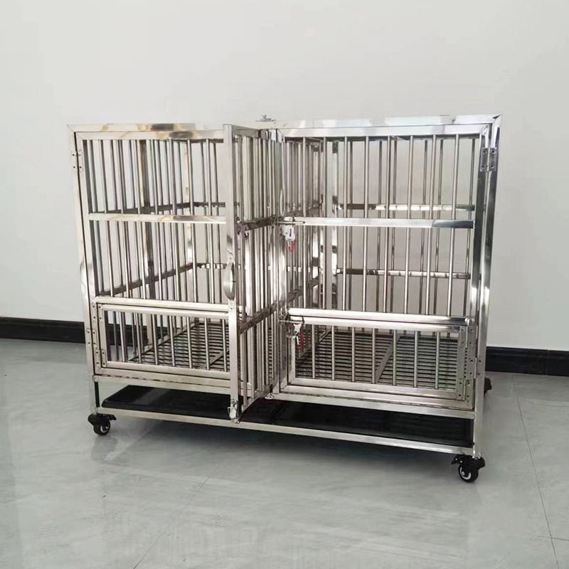 43 inch Stainless steel dog kennel foldable double door dog kennel with feeding doors and plastic mats