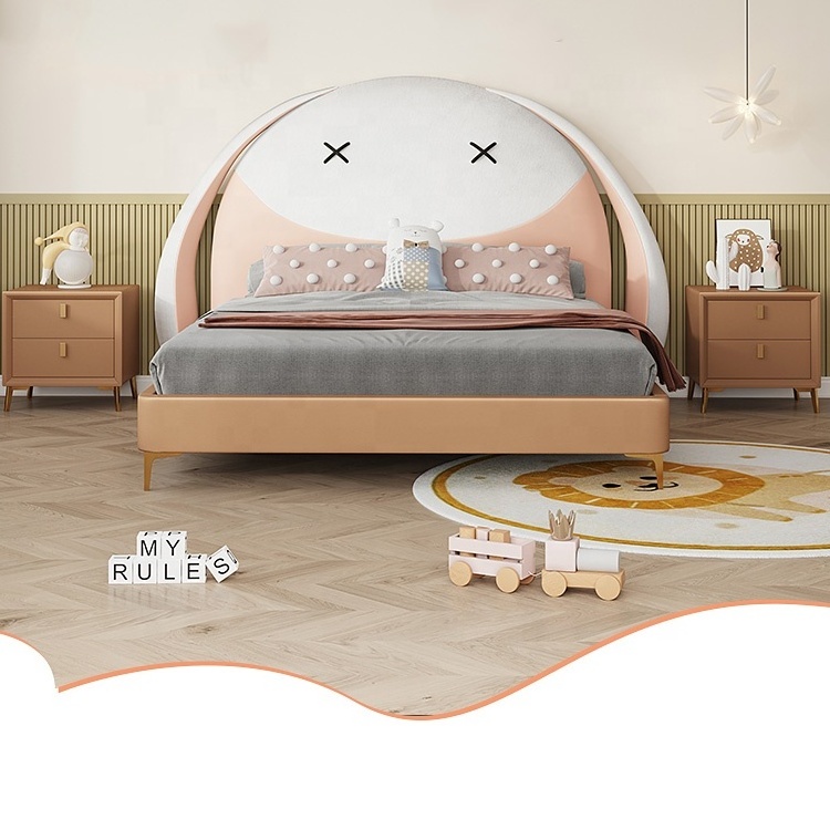 Save space cute pink rabbit cartoon for home children's bedding bed upholstered wooden beds for 10 years old children