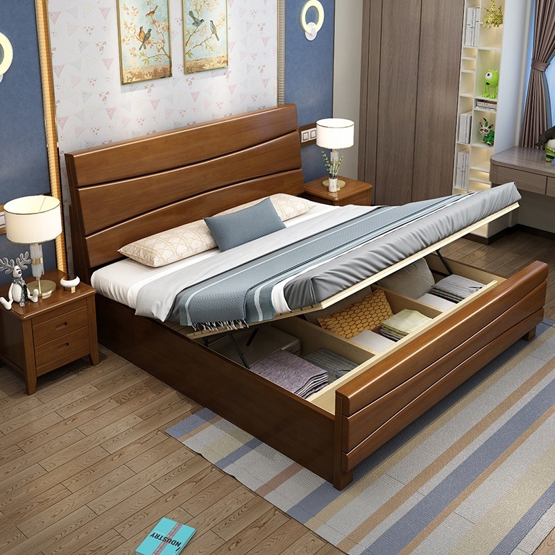 Chinese classic good quality panel bedroom set storage frame luxury furniture solid wood cheap wooden box bed design beds