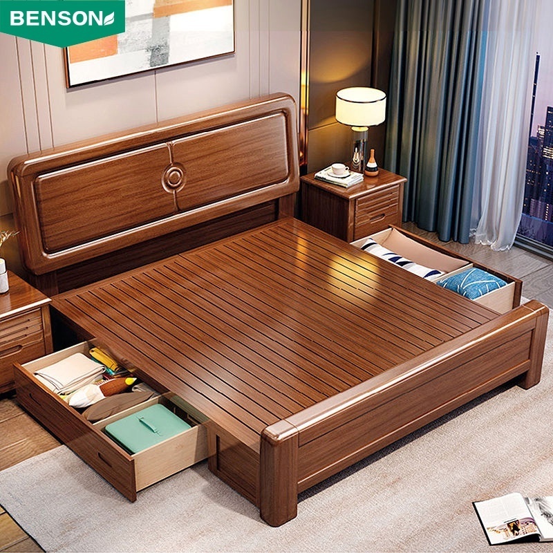 Classic luxury india latest furniture catalogue queen size double children solid wood box foundation bed designs wooden beds