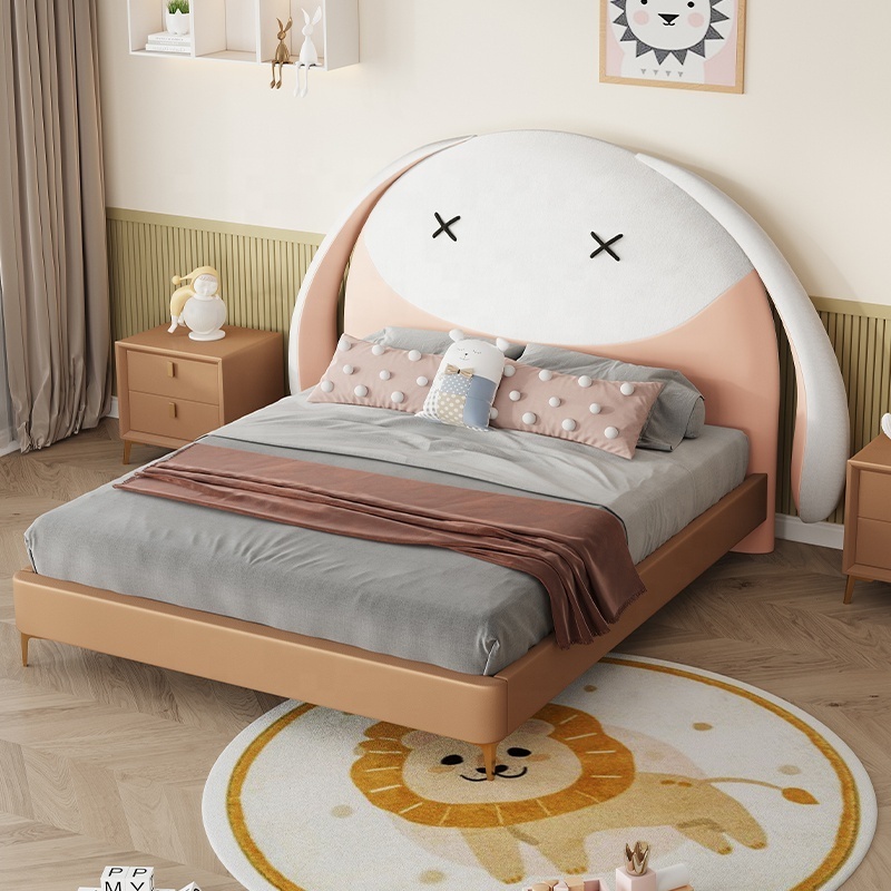 Save space cute pink rabbit cartoon for home children's bedding bed upholstered wooden beds for 10 years old children