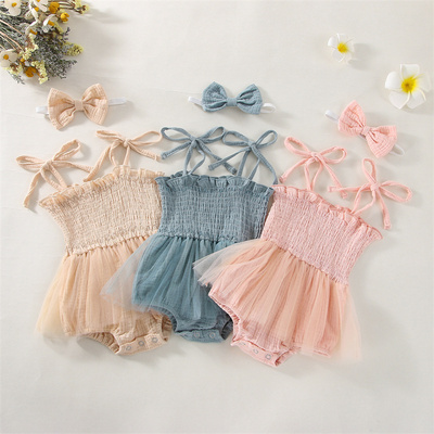 2023 Summer 2 Pcs /set Bamboo Baby Romper Lace Baby Girl Jumpsuit Sleeveless Baby Rompers For Girl