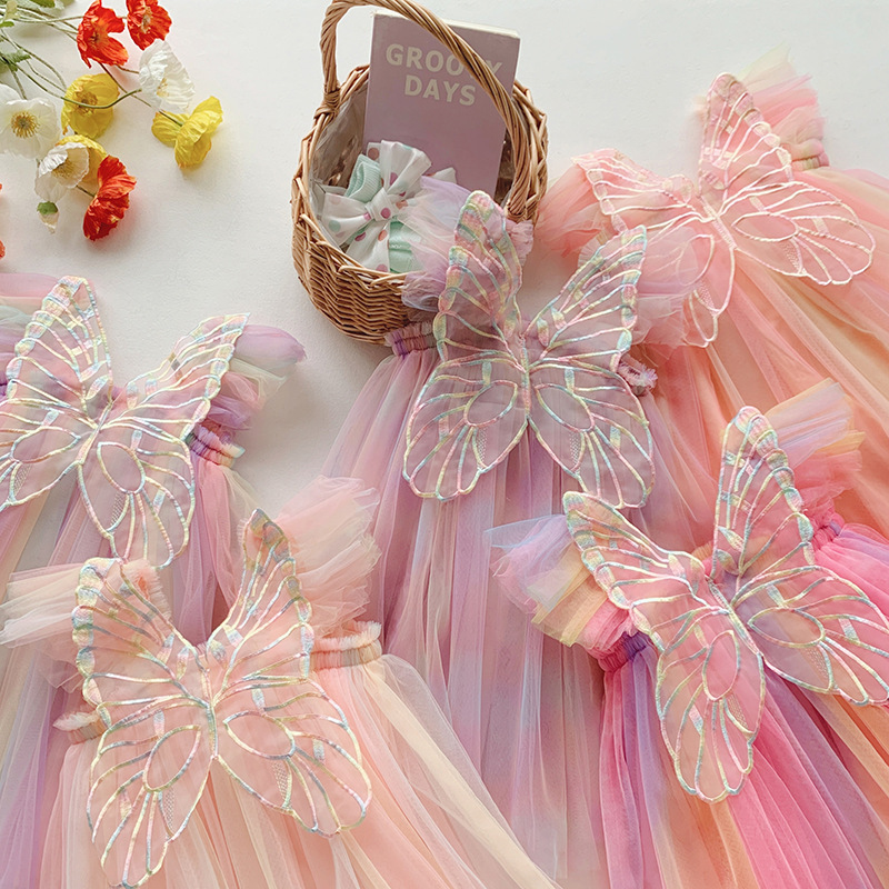 Hot Sale 2023 Rainbow Big Butterfly Baby Girl Dress Ruffle Flying Sleeve Tutu Baby Girl Dress 6-12 Month