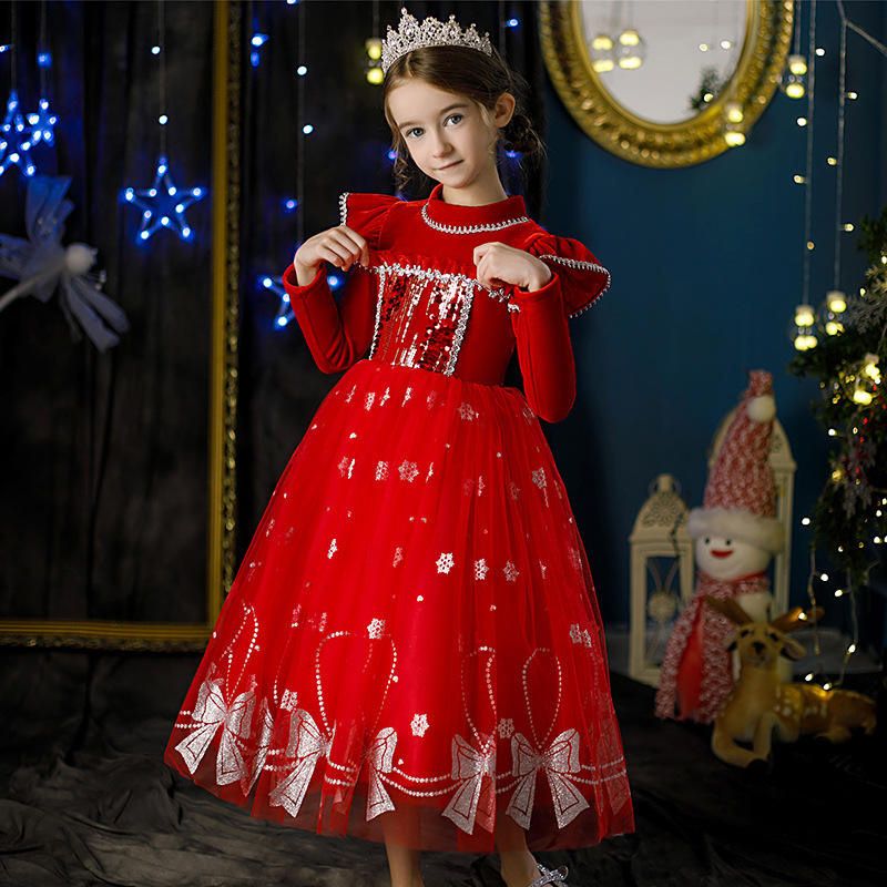 New Winter Red Thickened Velvet Kids Girls Dresses Christmas Princess Tv Movie Costumes Dresses For Girls