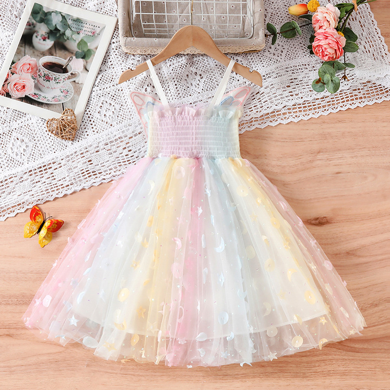 2024 Ins Big Butterfly Applique Flower Girls' Dresses Rainbow Strap Tutu Children's Dresses For Girls