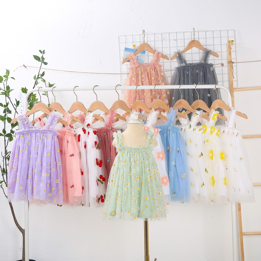 Wholesale Daisy Floral embroidery Kids Girl Casual strap Sleeveless Tulle Dresses Summer Tutu Toddler baby girl dresses