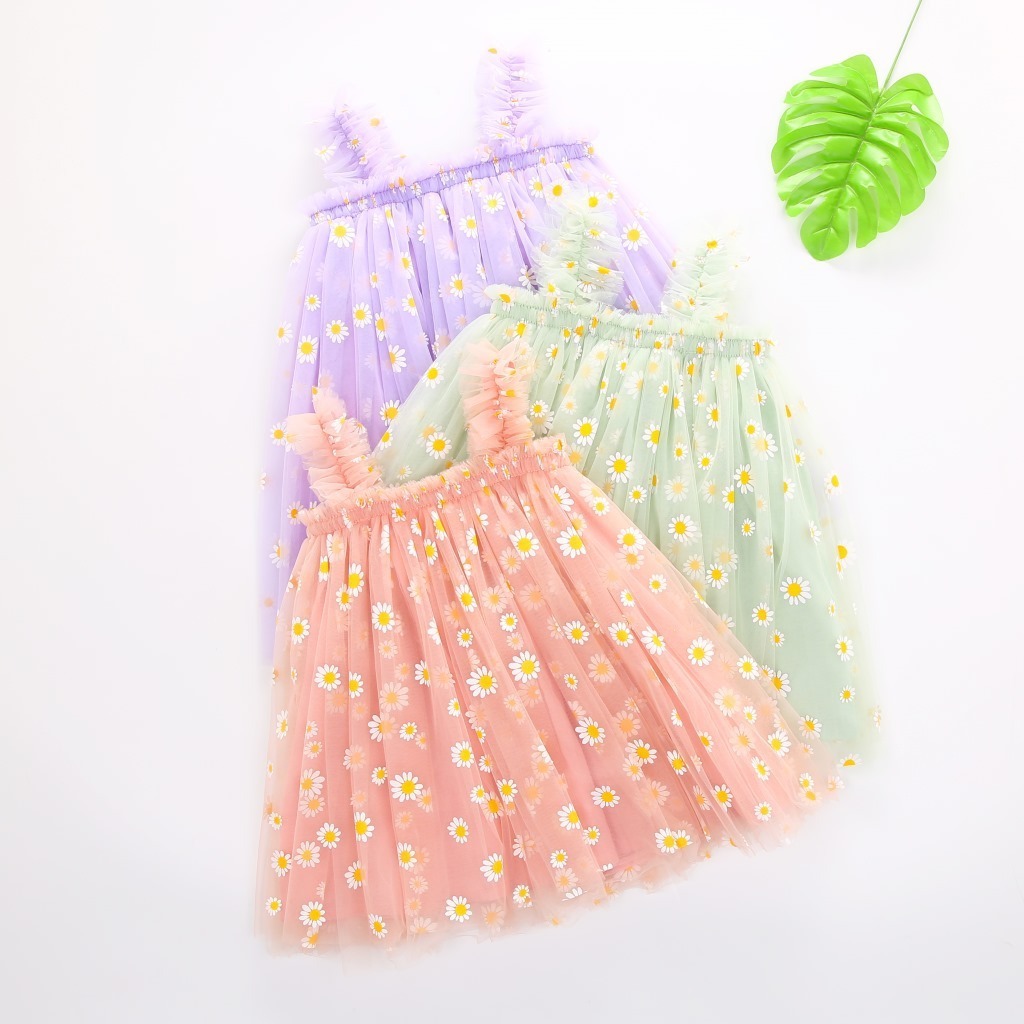 Wholesale Daisy Floral embroidery Kids Girl Casual strap Sleeveless Tulle Dresses Summer Tutu Toddler baby girl dresses