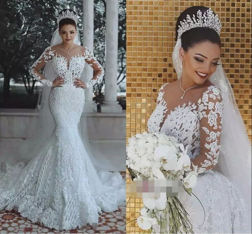 New Fashion Styles Lace Women Wedding Dresses Long Sleeve V-neck Mermaid Women Bridal Gown